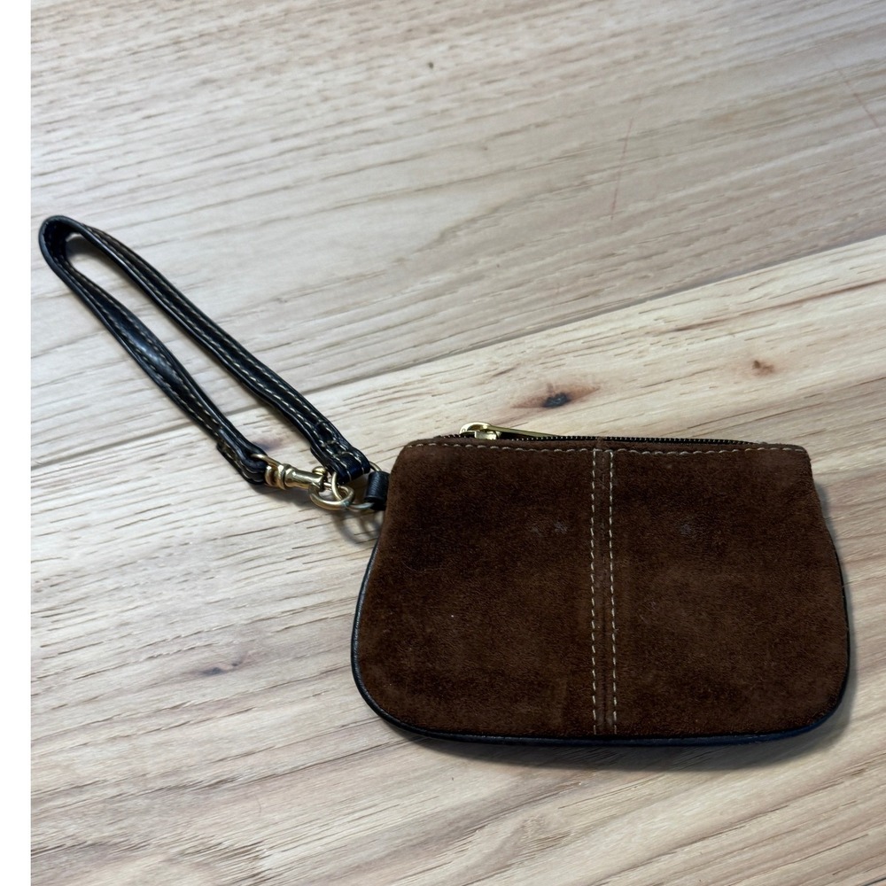 Vintage Brown Suede Leather Wristlet Paisley Liner Coin Pouch Zip Top Mini Bag